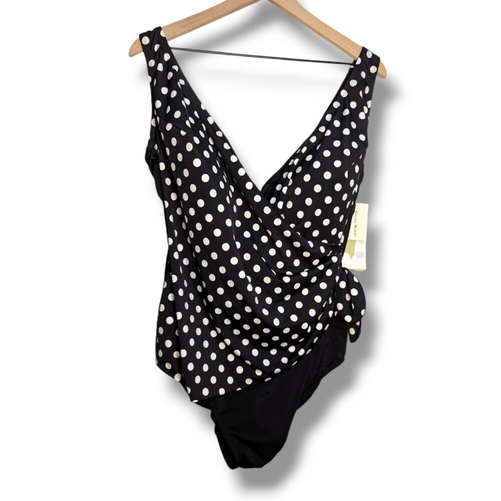 NWT Studio Works 22W Black Polka Dot Wrap Front Built-in Bra 1 Pc Swimsuit
